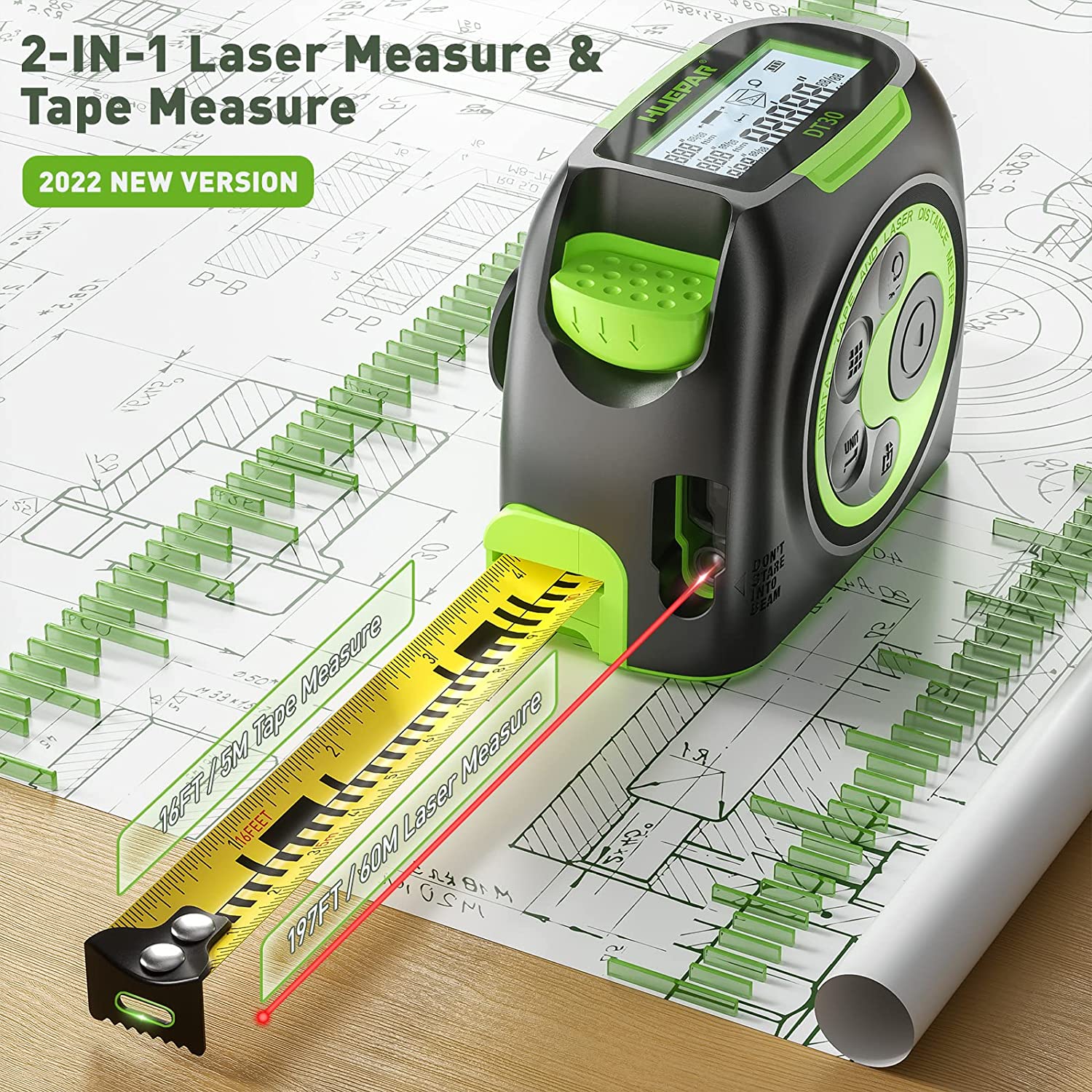 HUEPAR Digital 2-in-1 Laser Distance Measure and Traditional Physical Tape Measure DT30 - Image 2
